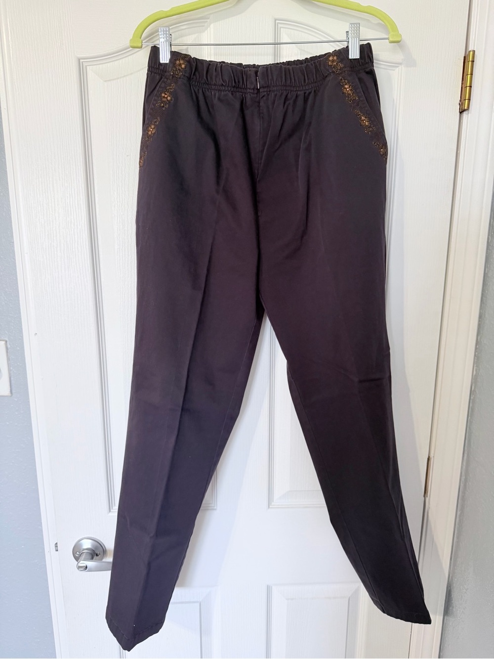 {GUERLAIN} Dark Purple Straight-Leg Women's Pants with Subtle Gold Embroidery
